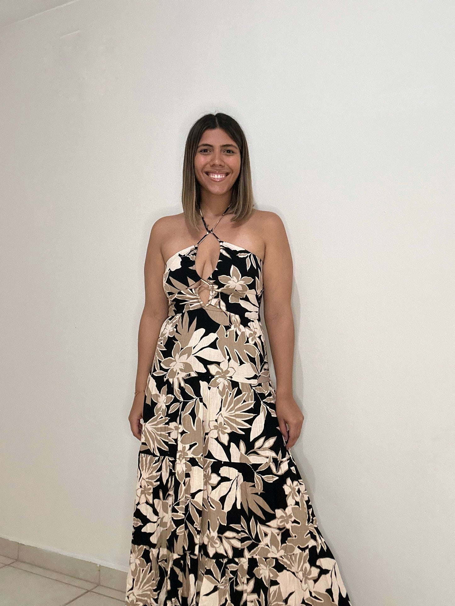 Black, brown and ivory flower dress